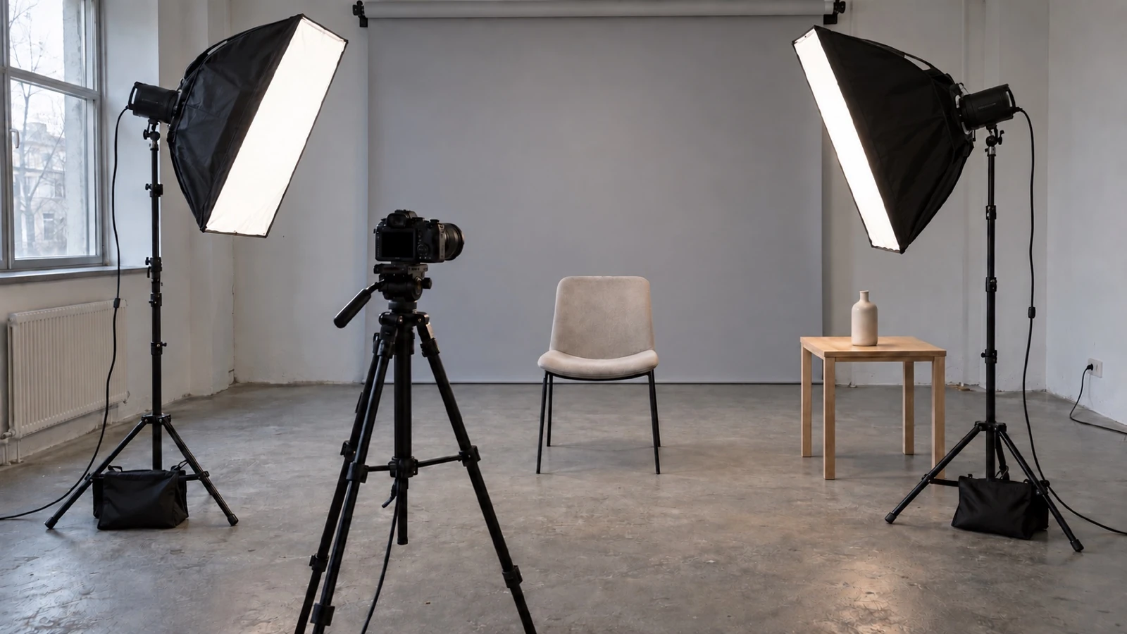 Fotografavimo studija su pastoviomis LED šviesomis, softboxais ir fonu